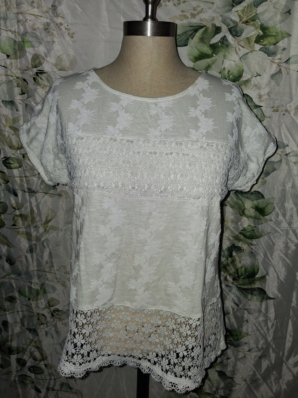 5For$12 White Embroidered Lace-Trim Short Sleeve Top